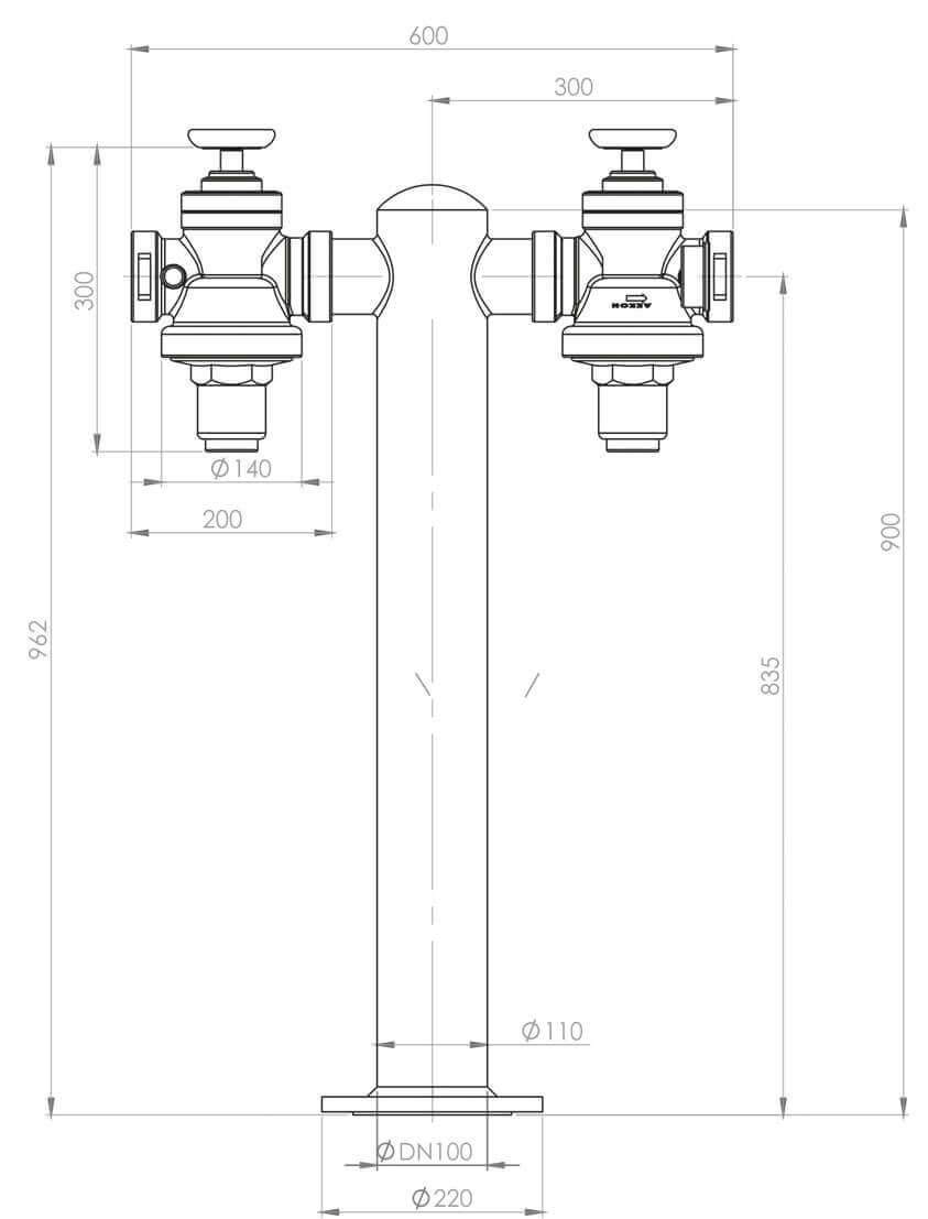 Sulama Hidrantı A2 Tipi Çift Çıkışlı Teknik Çizim-1